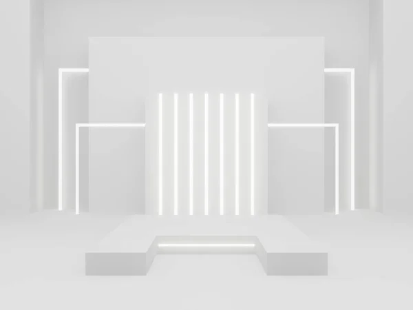 3DレンダリングホワイトSci Fi製品ディスプレイモックアップ 白ネオンの科学的背景 — ストック写真