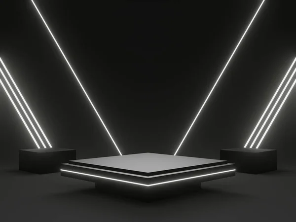 Rendered Black Geometric Podium White Neon Lights Sci Mock — Stock Photo, Image