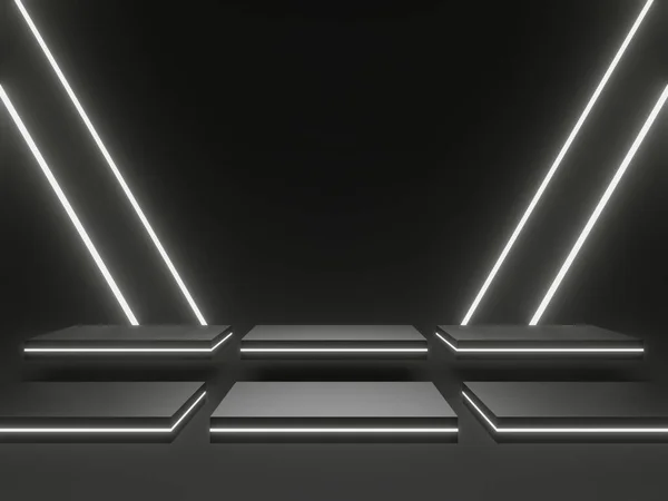 Rendered Black Geometric Podium White Neon Lights Sci Mock — Stock Photo, Image