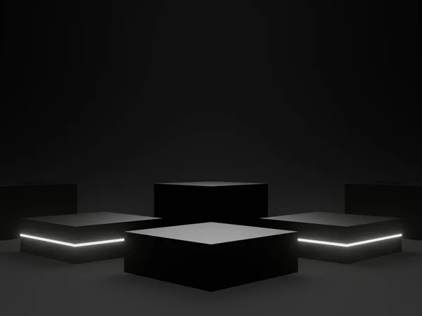 Renderelt Fekete Geometrikus Dobogó Fehér Neon Fények Igen Sci Gúnyolódik — Stock Fotó