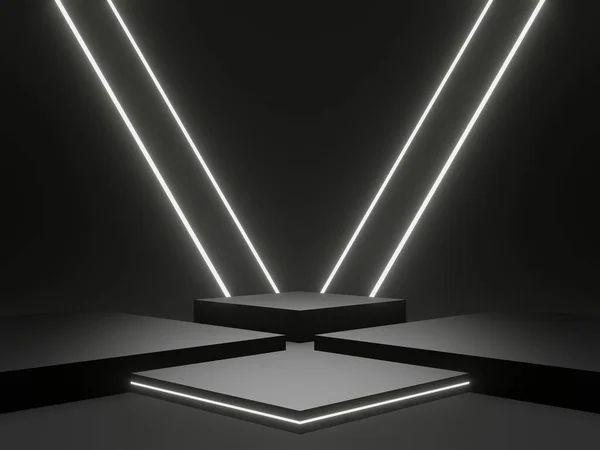 Renderowane Czarne Geometryczne Podium Białymi Neonami Tak Sci Makieta — Zdjęcie stockowe
