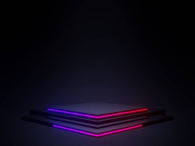 3D siyah bilimsel podyumu neon ışıklarla donattı. Bilimkurgu modeli.