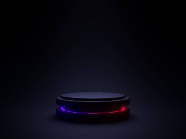 3D siyah bilimsel podyumu neon ışıklarla donattı. Bilimkurgu modeli.