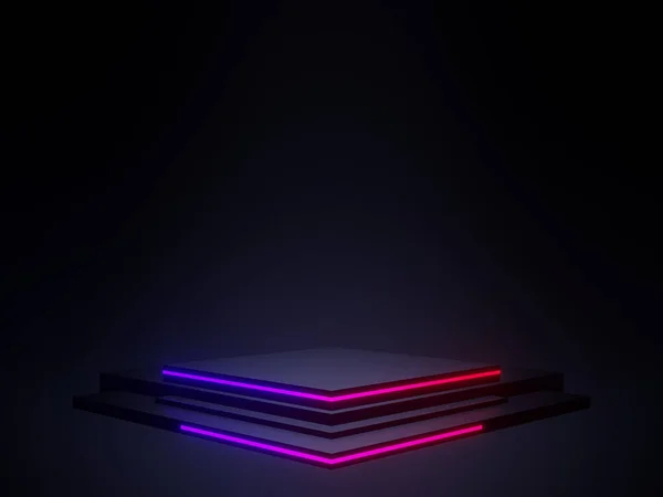 Gemaakt Zwart Wetenschappelijk Podium Met Gradiënt Neon Lichten Sci Model — Stockfoto