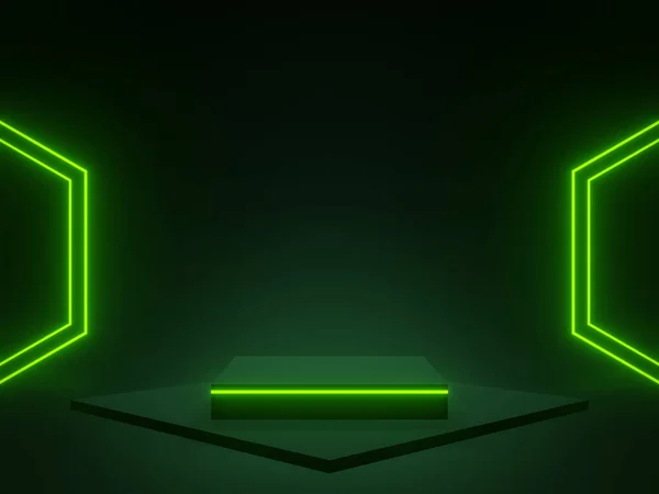 Yeşil Neon Işıklı Siyah Geometrik Podyum Bilimkurgu Modeli — Stok fotoğraf