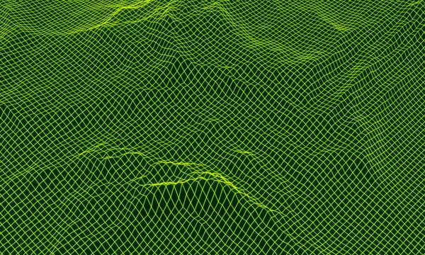 抽象グリッドネオン地形を3Dレンダリングしました グラデーションの緑のメッシュ地形 — ストック写真