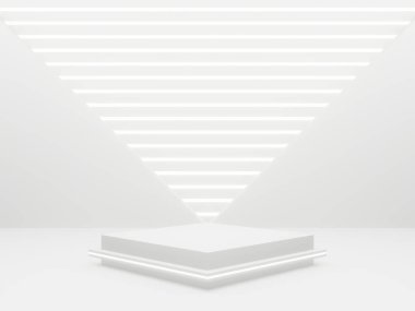 3D Beyaz Bilim-Kurgu ürün görüntüleme modeli. Beyaz neon ışıklı bilimsel arkaplan.