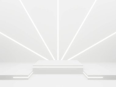 3D Beyaz Bilim-Kurgu ürün görüntüleme modeli. Beyaz neon ışıklı bilimsel arkaplan.