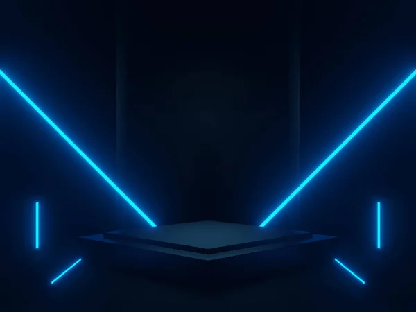 3D siyah geometrik podyumu mavi neon ışıklarla donattı. Bilimkurgu modeli.