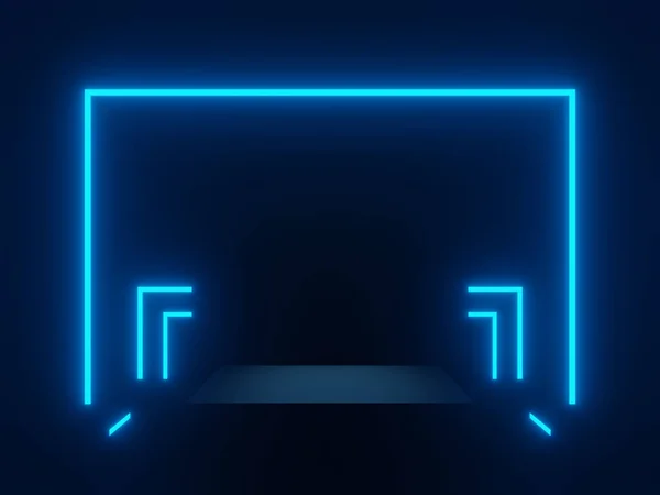 Vykreslené Černé Geometrické Pódium Modrými Neonovými Světly Sci Maketa Nahoru — Stock fotografie