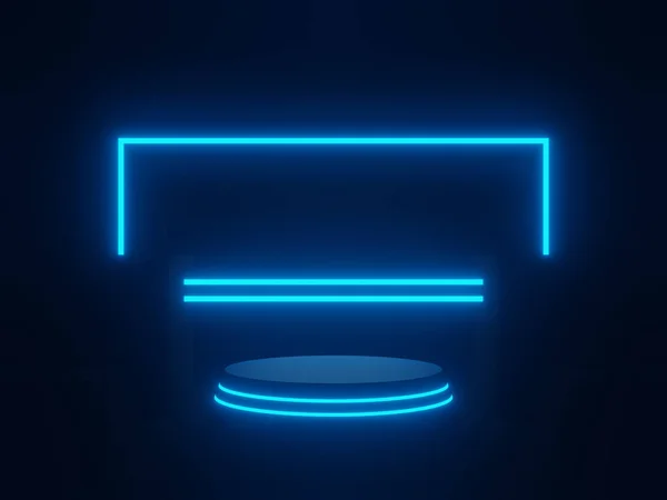 Podio Geometrico Reso Nero Con Luci Neon Blu Mock Fantascientifico — Foto Stock