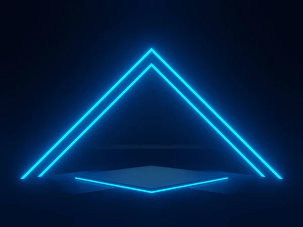 Siyah Geometrik Podyumu Mavi Neon Işıklarla Donattı Bilimkurgu Modeli - Stok İmaj