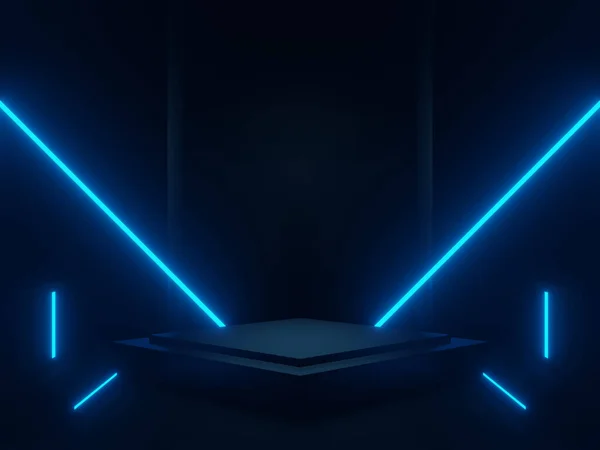 Siyah Geometrik Podyumu Mavi Neon Işıklarla Donattı Bilimkurgu Modeli Stok Resim