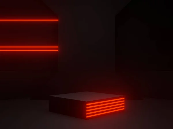 Podio Geometrico Nero Con Luci Neon Rosse Mock Fantascientifico — Foto Stock