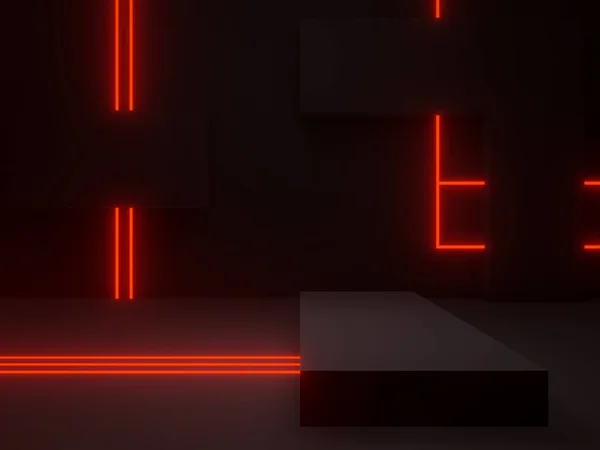Zwart Geometrische Podium Met Rode Neon Lichten Sci Model Omhoog — Stockfoto