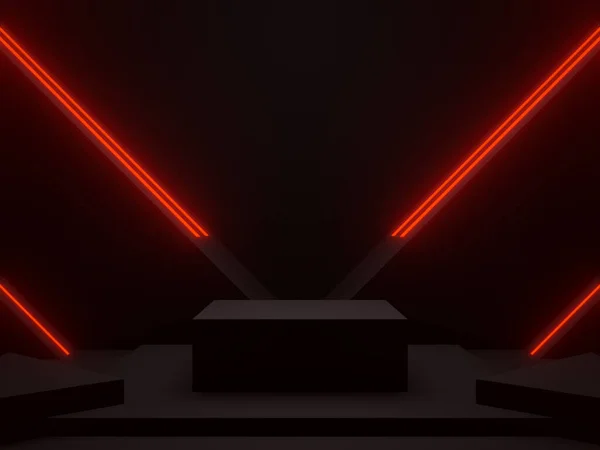 Siyah Geometrik Podyumu Kırmızı Neon Işıklarla Donattı Bilimkurgu Modeli — Stok fotoğraf