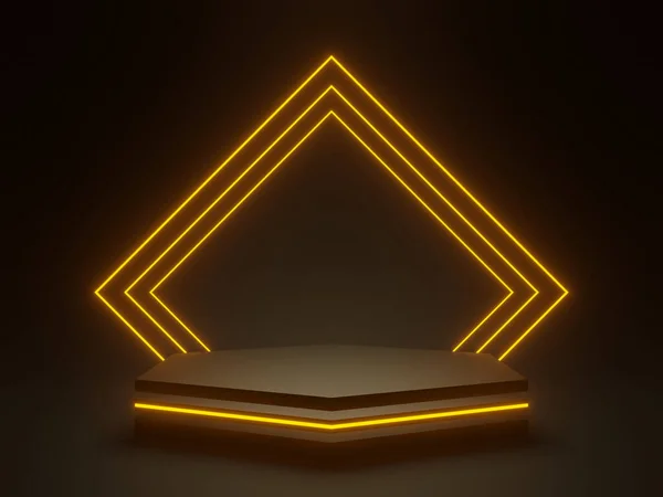 Rendered Black Geometric Podium Yellow Neon Lights Sci Mock — Stock Photo, Image