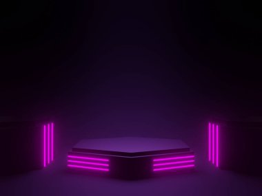 3D siyah geometrik podyumu neon ışıklarla donattı. Bilimkurgu modeli.