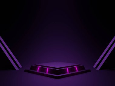 3D siyah geometrik podyumu neon ışıklarla donattı. Bilimkurgu modeli.