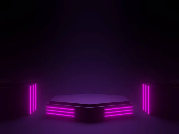 Vykreslené Černé Geometrické Pódium Neonovými Světly Sci Maketa Nahoru — Stock fotografie
