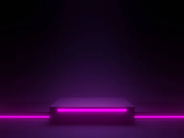 Zwart Geometrische Podium Met Neon Verlichting Sci Model Omhoog — Stockfoto