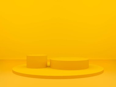 Üç boyutlu, sarı geometrik podyum. Sarı arkaplan.