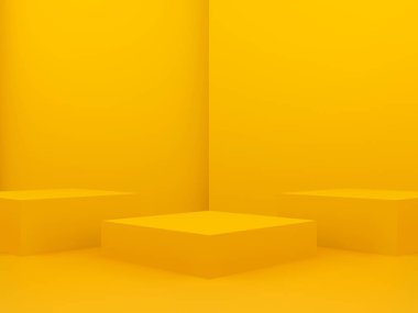 Üç boyutlu, sarı geometrik podyum. Sarı arkaplan.