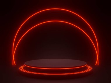 3D siyah geometrik podyumu kırmızı neon ışıklarla donattı. Bilimkurgu modeli.