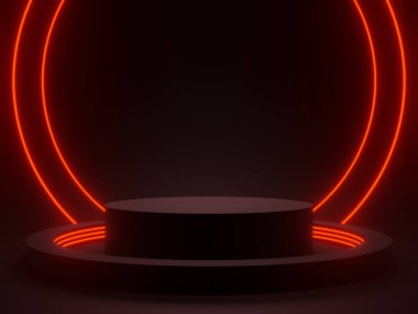 3D siyah geometrik podyumu kırmızı neon ışıklarla donattı. Bilimkurgu modeli.