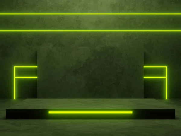 stock image 3D render cement podium with green neon lights.