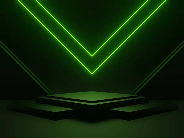 Yeşil Neon Işıklı Siyah Geometrik Podyum Bilimkurgu Modeli Stok Resim