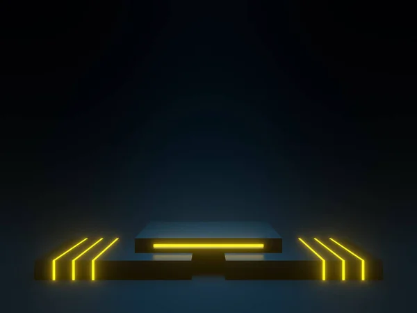 Renderizado Podio Azul Oscuro Con Luces Neón Amarillo Simulación Ciencia —  Fotos de Stock
