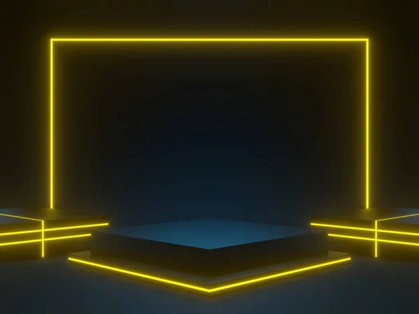 Renderizado Podio Azul Oscuro Con Luces Neón Amarillo Simulación Ciencia — Foto de Stock