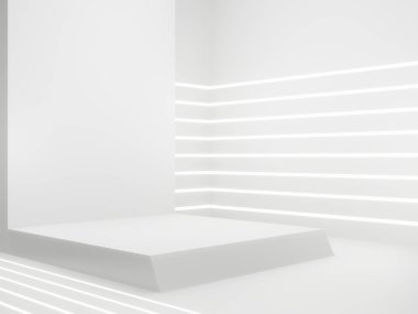 3D render White Sci-Fi product display background. Scientific podium with white neon lights.