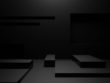 3D render siyah arkaplan. Karanlık oda geometrik podyumu.