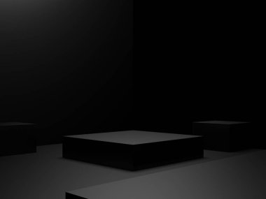 3D render siyah arkaplan. Karanlık oda geometrik podyumu.
