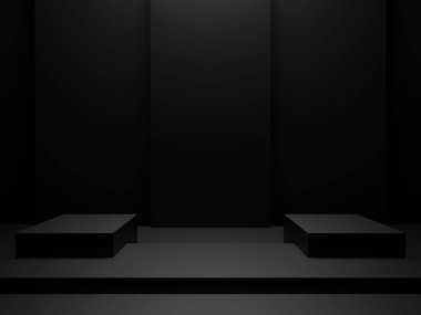 3D render siyah arkaplan. Karanlık oda geometrik podyumu.
