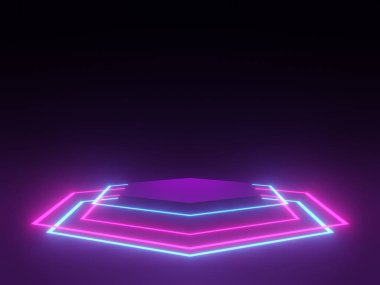 3D siyah podyumu mavi ve pembe neon ışıklarla donatın..