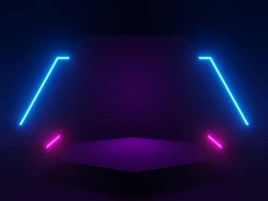 3D siyah podyumu mavi ve pembe neon ışıklarla donatın..