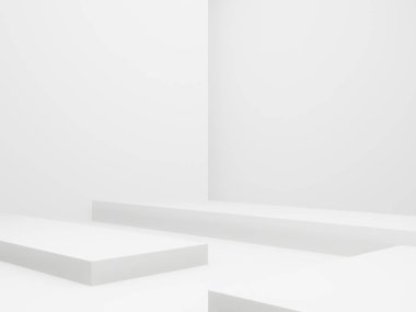3 boyutlu, beyaz geometrik podyum. Beyaz oda arkaplanı.