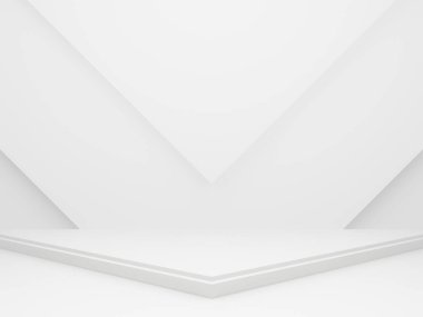 3 boyutlu, beyaz geometrik podyum. Beyaz oda arkaplanı.