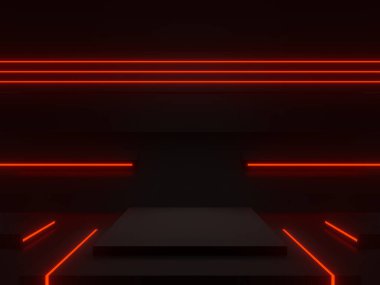 3D siyah geometrik podyumu kırmızı neon ışıklarla donattı. Bilimkurgu modeli.