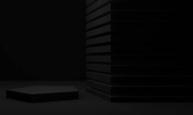 3D siyah podyum. Siyah geometrik şekil arkaplanı.