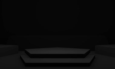 3D siyah podyum. Siyah geometrik şekil arkaplanı.