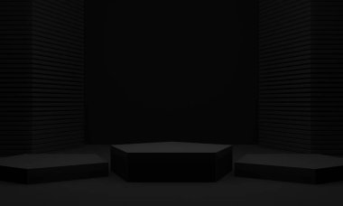 3D siyah podyum. Siyah geometrik şekil arkaplanı.