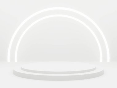 3 Boyutlu Beyaz Ürün gösterimi maketi. Beyaz neon ışıklı beyaz arkaplan.