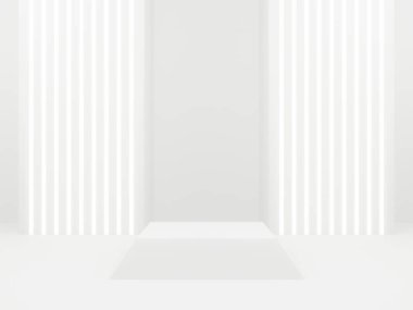 3 Boyutlu Beyaz Ürün gösterimi maketi. Beyaz neon ışıklı beyaz arkaplan.