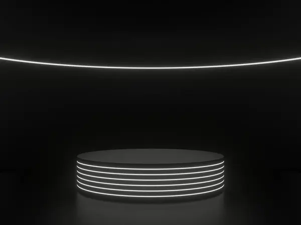 3D render black pudium with white neon lights. Black scientific background.