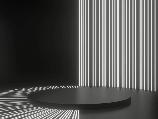 3D render black pudium with white neon lights. Black scientific background.