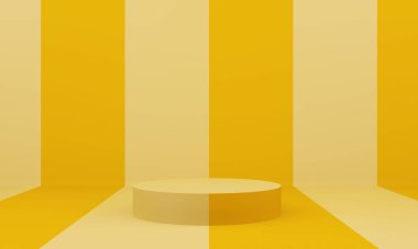 Üç boyutlu, sarı geometrik podyum. Sarı arkaplan.